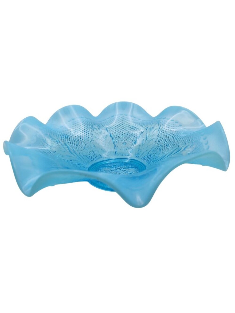 Northwood Glass Blue Opalescent Netted Roses Scalloped Bowl EAPG 1906 Antique